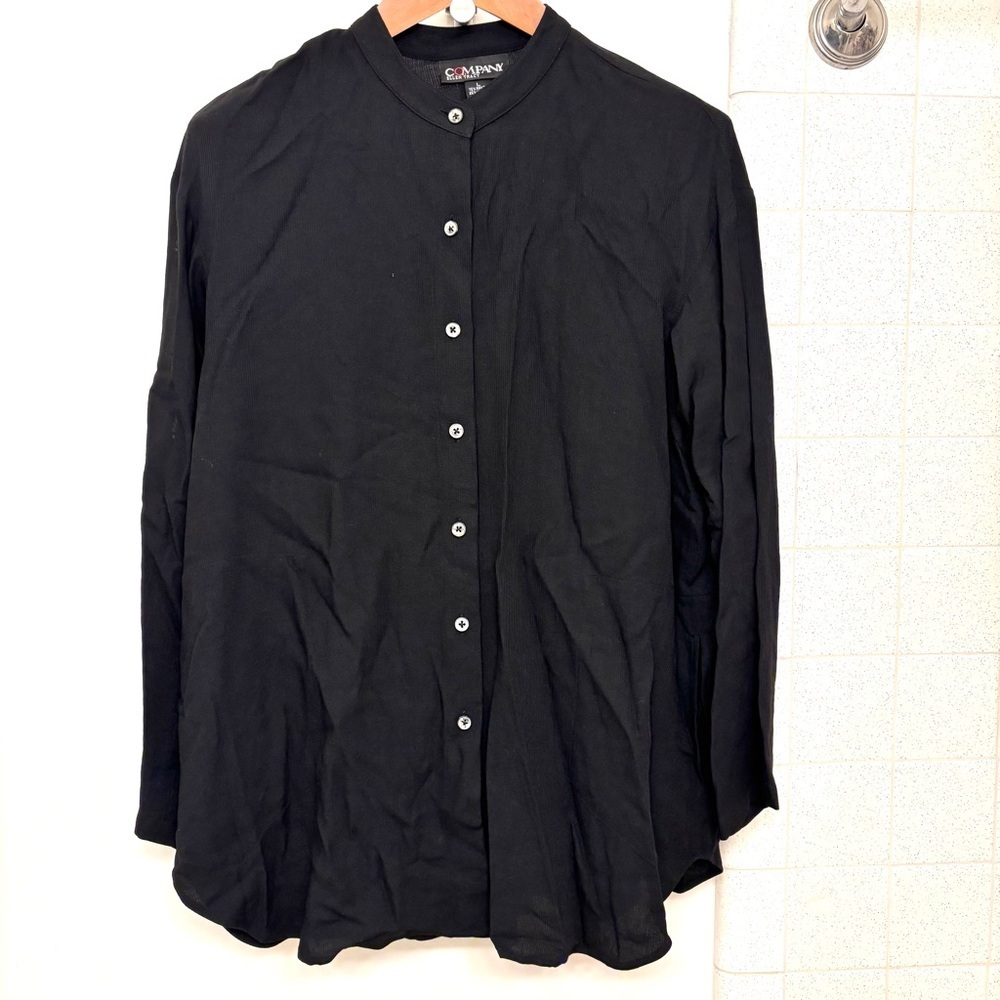 Vintage Womens Minimalist Top Size Large Mandarin Collar Black Wool Rare Pockets